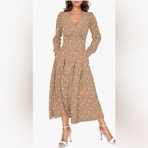 ANRABESS Long Sleeve Women's Floral Brown Midi Faux Wrap Dress NWT XL